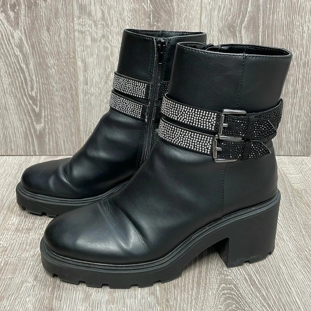 Steve Madden North Chunky Platform Boots Embellished Buckle Straps Black 10